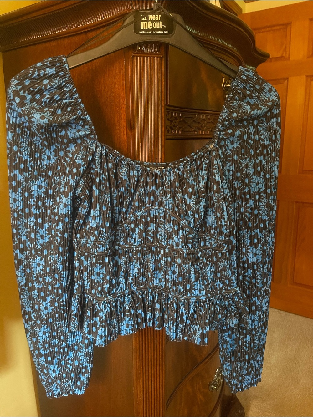 Zara Blue and Black Floral Smocked Blouse